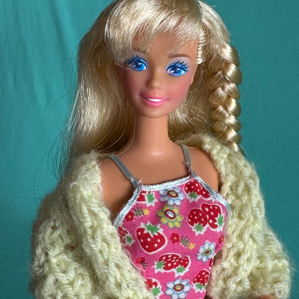 90s Barbie Doll with Strawberry Print Dress and Knit Shawl